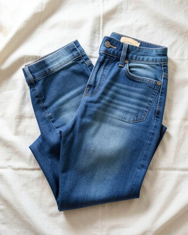 Folded mid blue straight leg jeans on cream linen