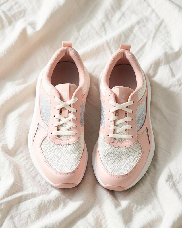 A pair of blush and cream trainers on cream linen