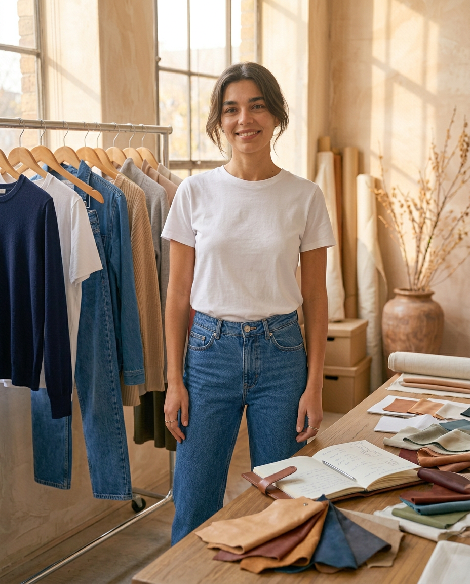 Margot in her styling studio wearing blue jeans and a white T shirt